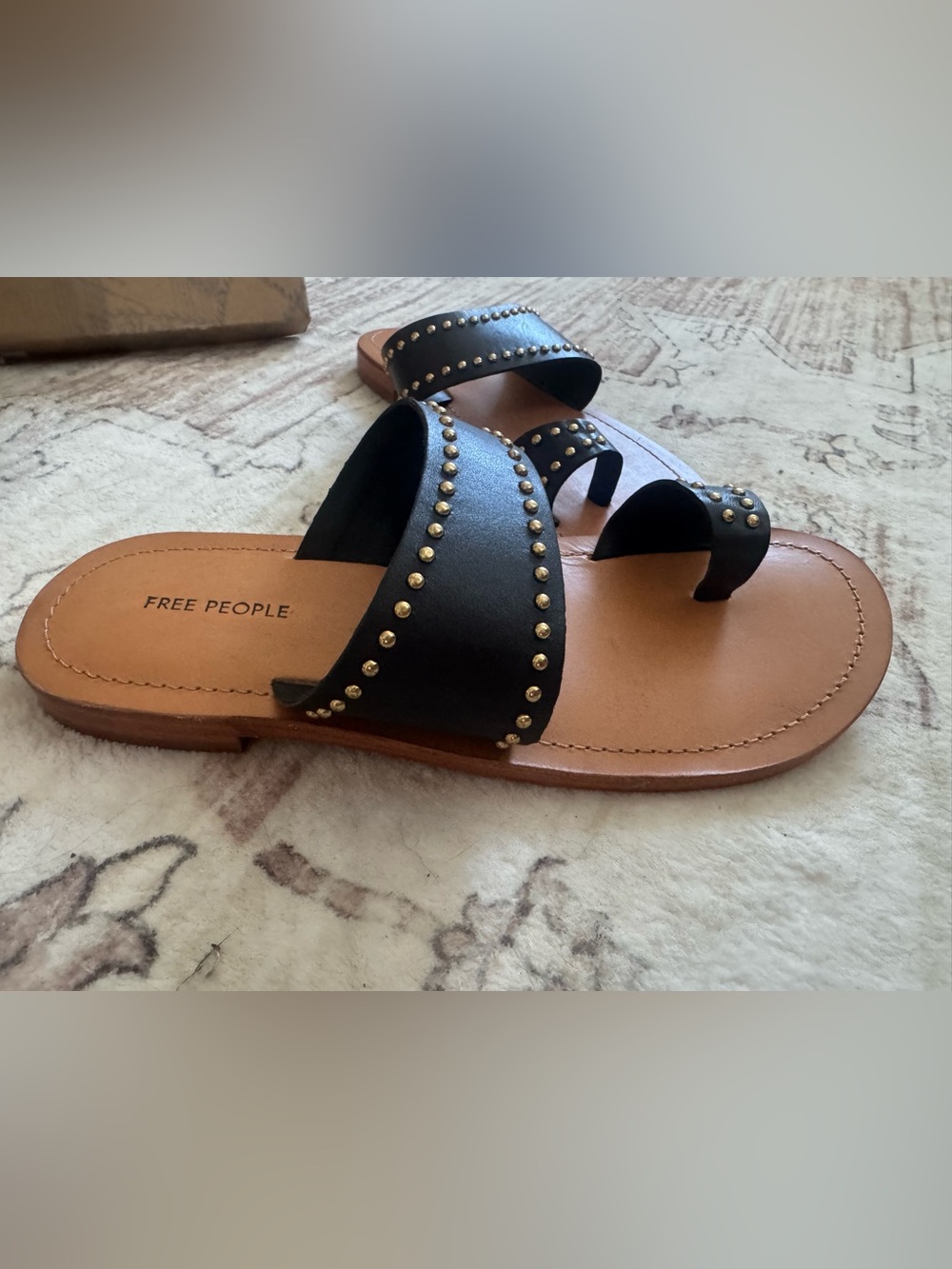 Free People Black Leather Double-Band Stud Slide Sandals side 8 nwt